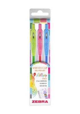 Zseléstoll készlet, 0,33 mm, nyomógombos, ZEBRA "Sarasa Clip Lollipop", 3 különböző szín